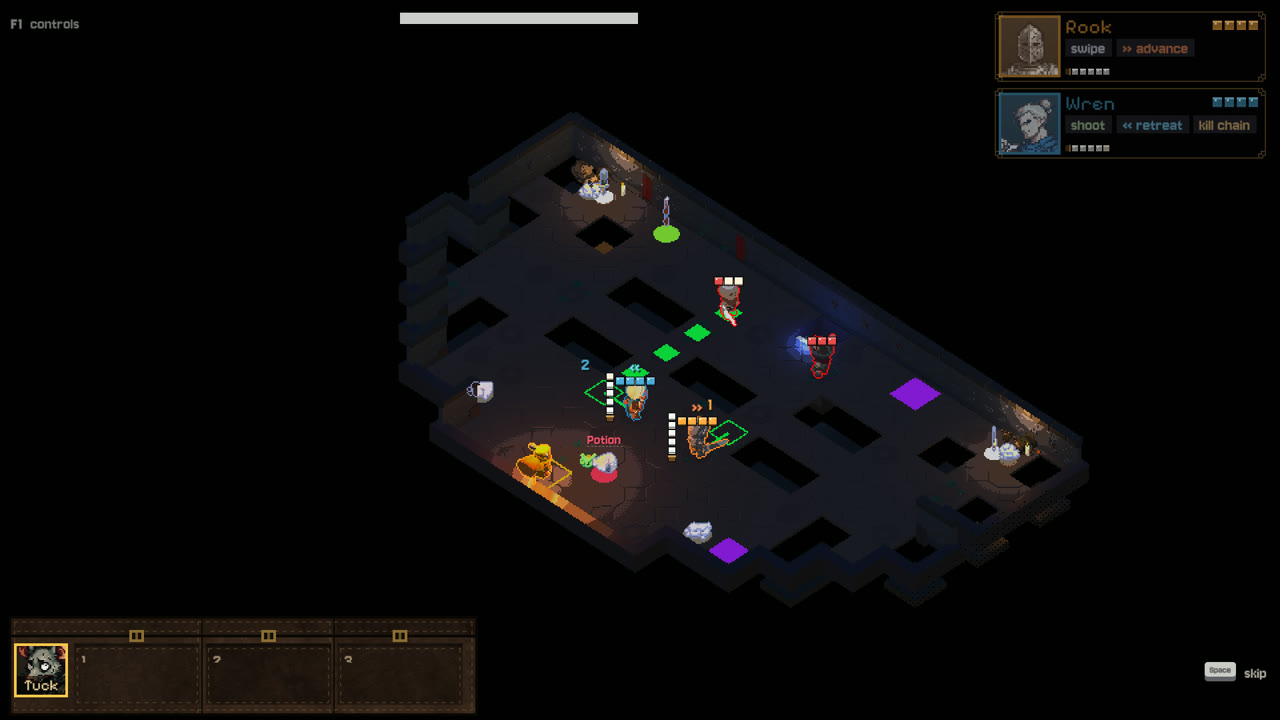 A dungeon room with Rook and Wren fighting while Tuck holds the lantern